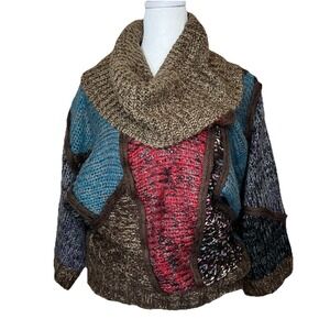 Sioni Cowl Wool Patchwork Boho Quirky Artsy Knit Turtleneck Sweater Medium Lagan